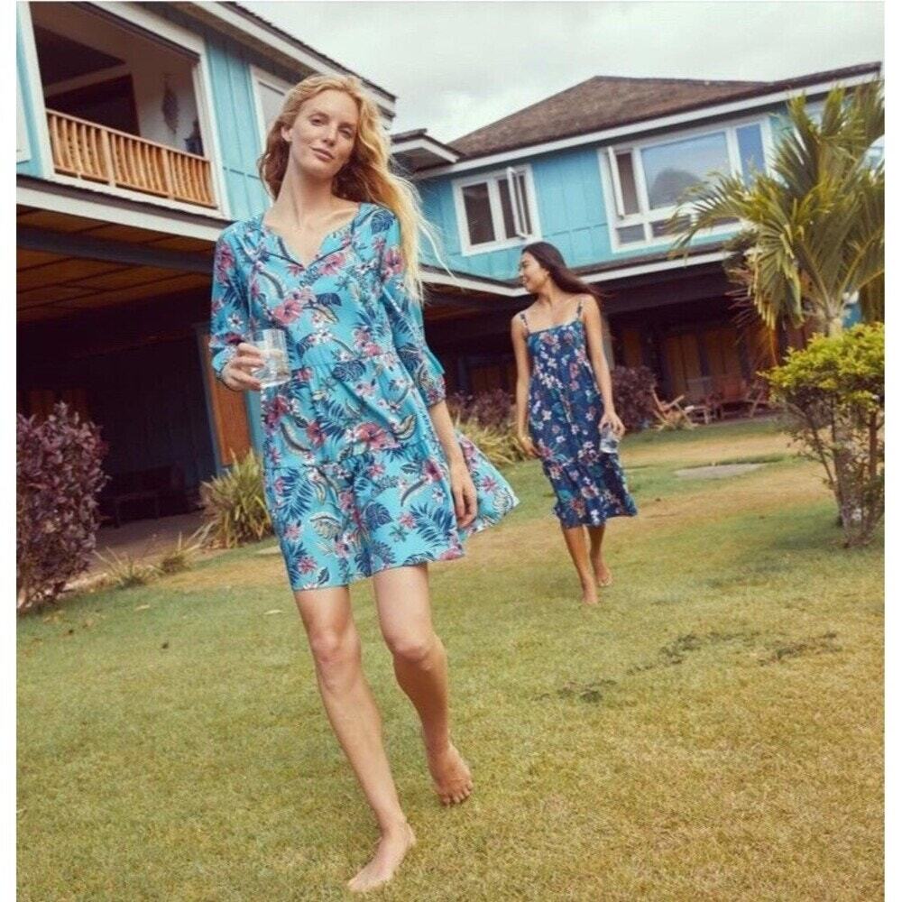 Reyn Spooner Blue Tropical Floral Hawaiian Tiered Mini Dress Tassel Resort